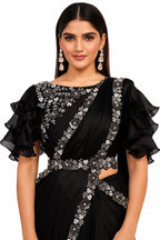 Black Crepe Silk Satin Embroidery and Stone Work Pre-Draped Saree Blouse Detail