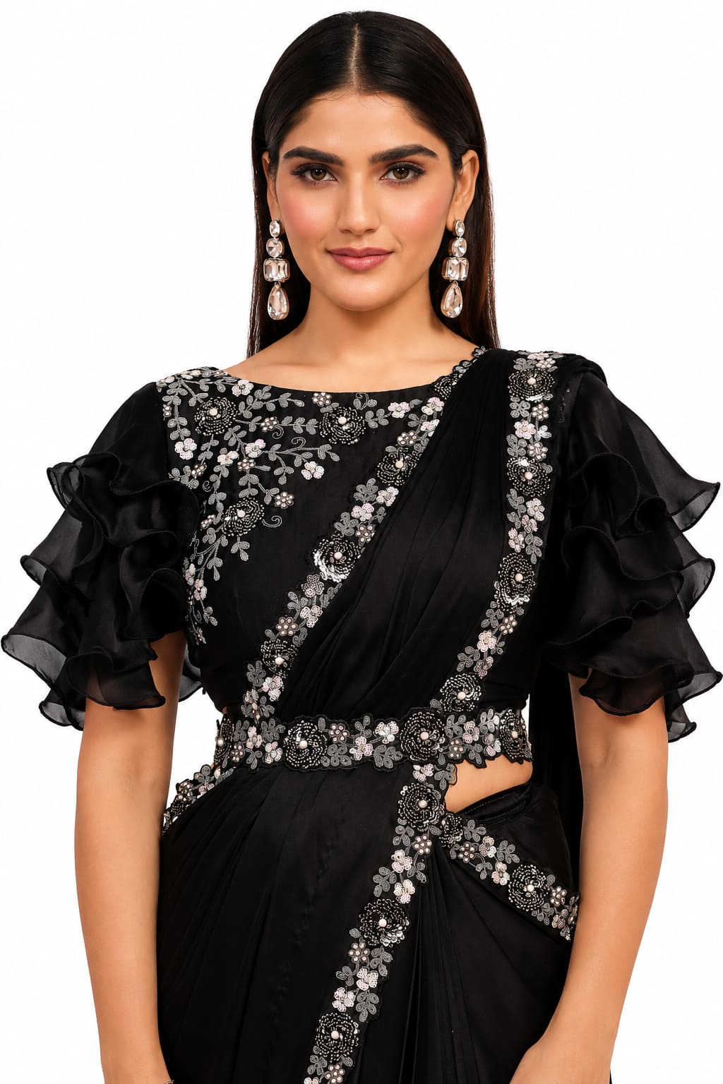 Black Crepe Silk Satin Embroidery and Stone Work Pre-Draped Saree Blouse Detail