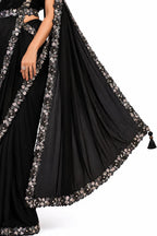 Black Crepe Silk Satin Embroidery and Stone Work Pre-Draped Saree Drape and Border Detail