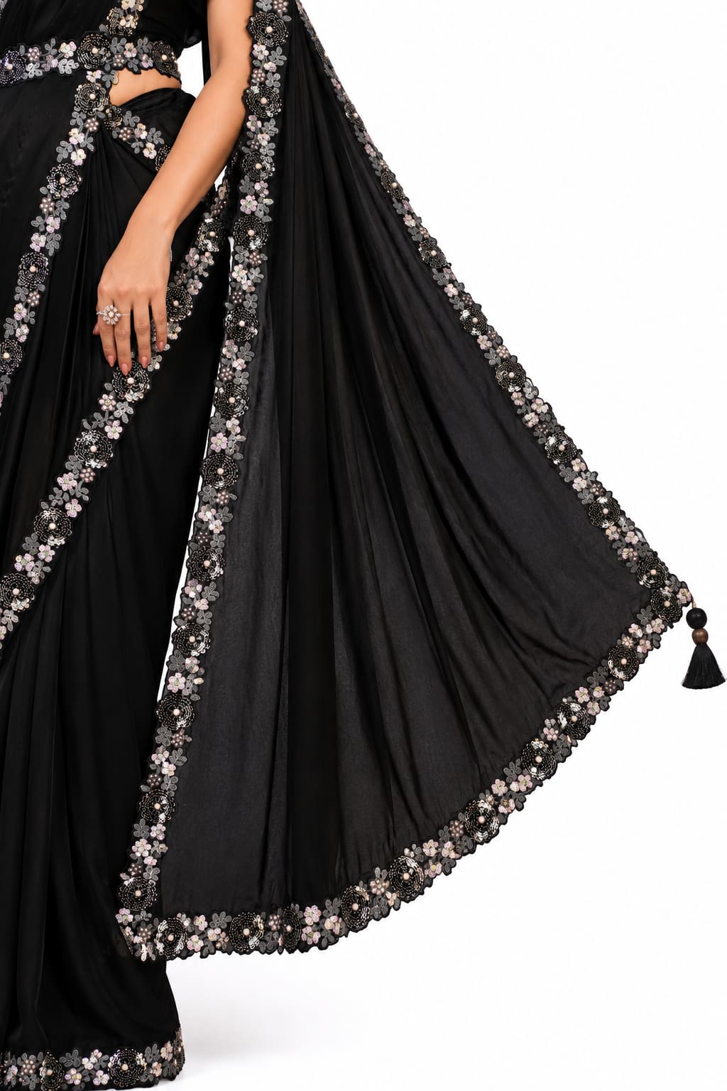 Black Crepe Silk Satin Embroidery and Stone Work Pre-Draped Saree Drape and Border Detail