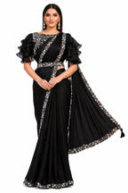 Black Crepe Silk Satin Embroidery and Stone Work Pre-Draped Saree