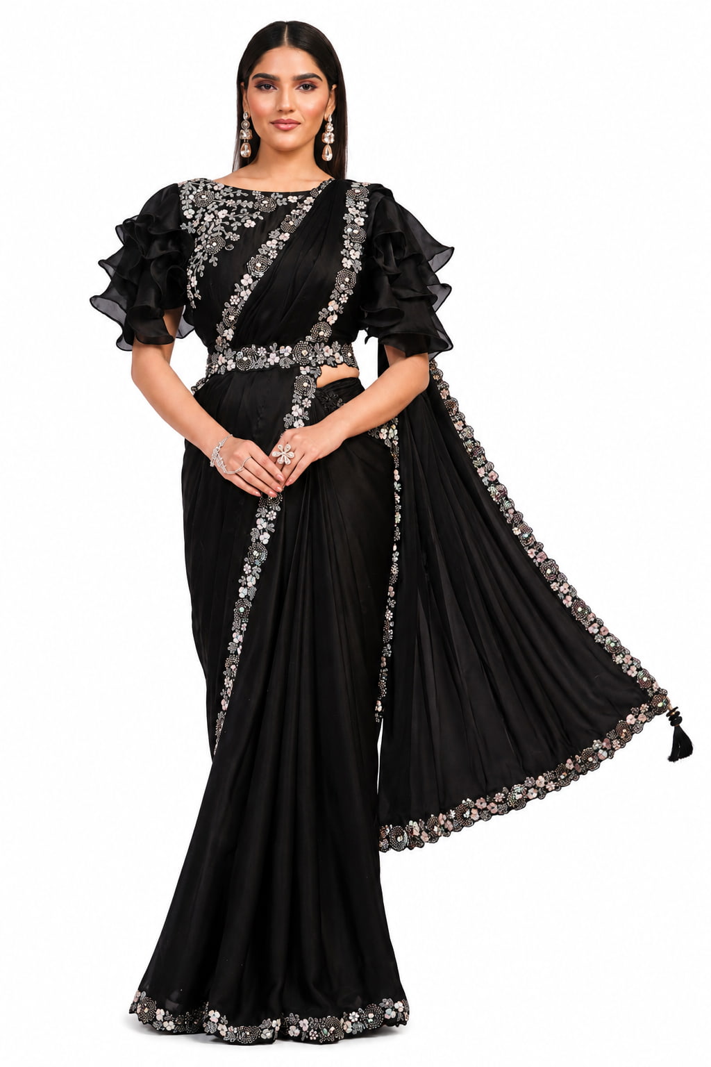 Black Crepe Silk Satin Embroidery and Stone Work Pre-Draped Saree
