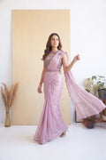 Baby Pink Satin Silk Drape Saree with Stitched Twinkle Georgette Blouse