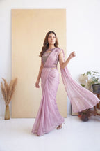 Baby Pink Satin Silk Drape Saree with Stitched Twinkle Georgette Blouse