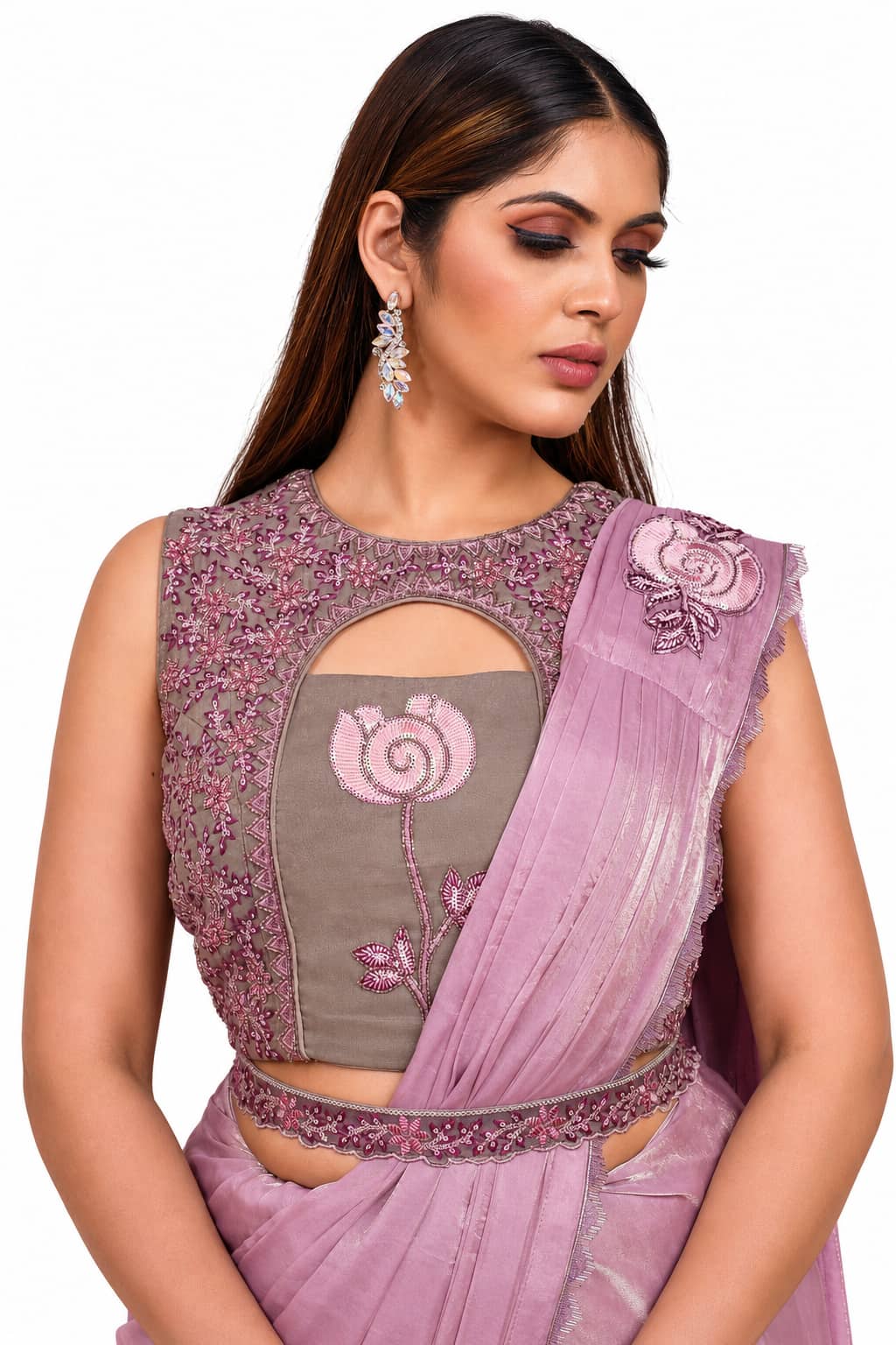 Pink Satin Silk Sequence Handwork Pre-Draped Saree Blouse Detail