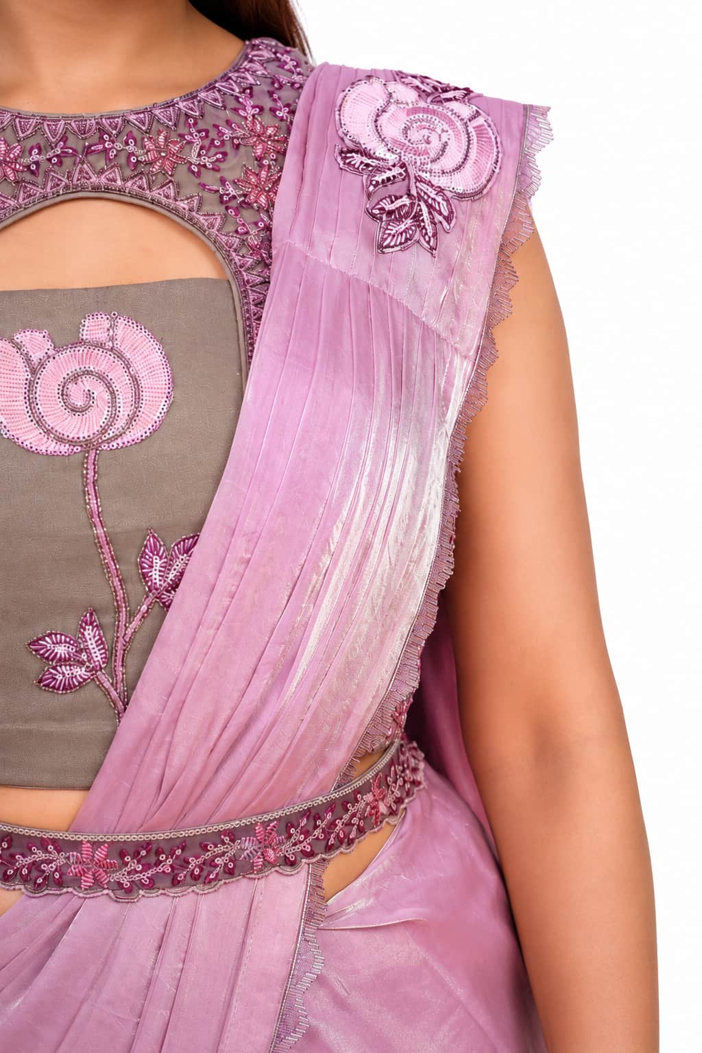 Pink Satin Silk Sequence Handwork Pre-Draped Saree Drape and Border Detail