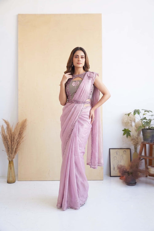 Baby Pink Satin Silk Drape Saree with Stitched Twinkle Georgette Blouse