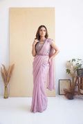 Pink Satin Silk Sequence Handwork Pre-Draped Saree