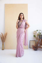 Pink Satin Silk Sequence Handwork Pre-Draped Saree