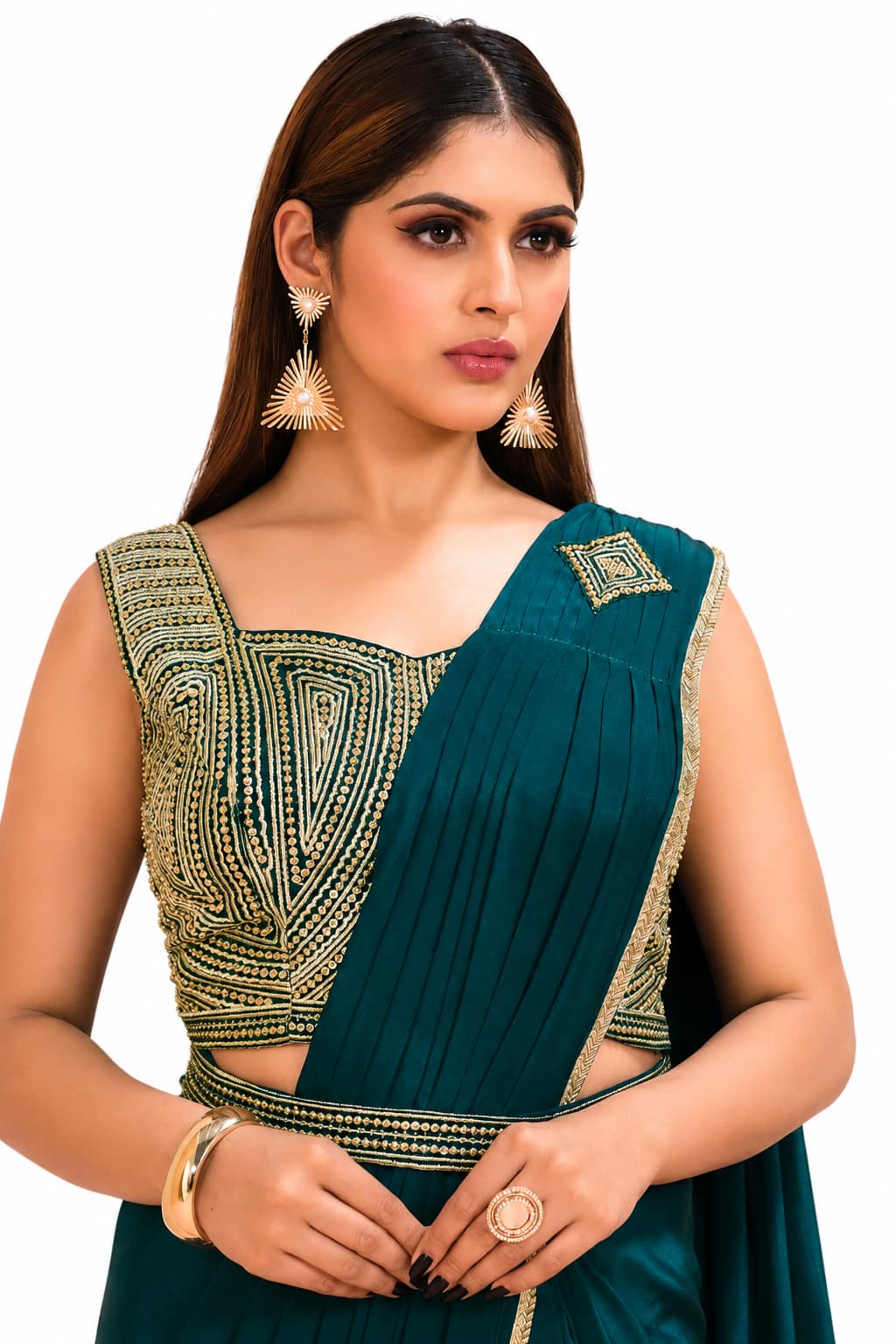 Teal Blue Crepe Silk Georgette Jari and Sequence Work Pre-Draped Saree Blouse Detail