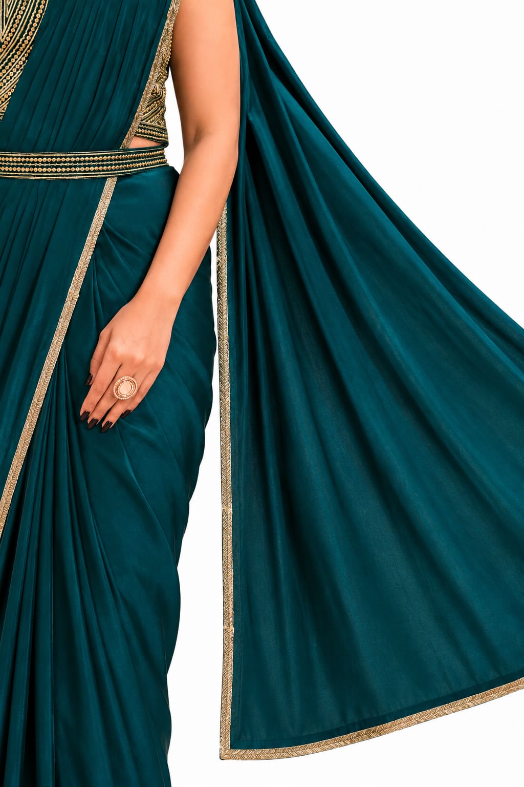 Teal Blue Crepe Silk Georgette Jari and Sequence Work Pre-Draped Saree Drape and Border Detail