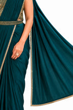 Teal Blue Crepe Silk Georgette Jari and Sequence Work Pre-Draped Saree Drape and Border Detail