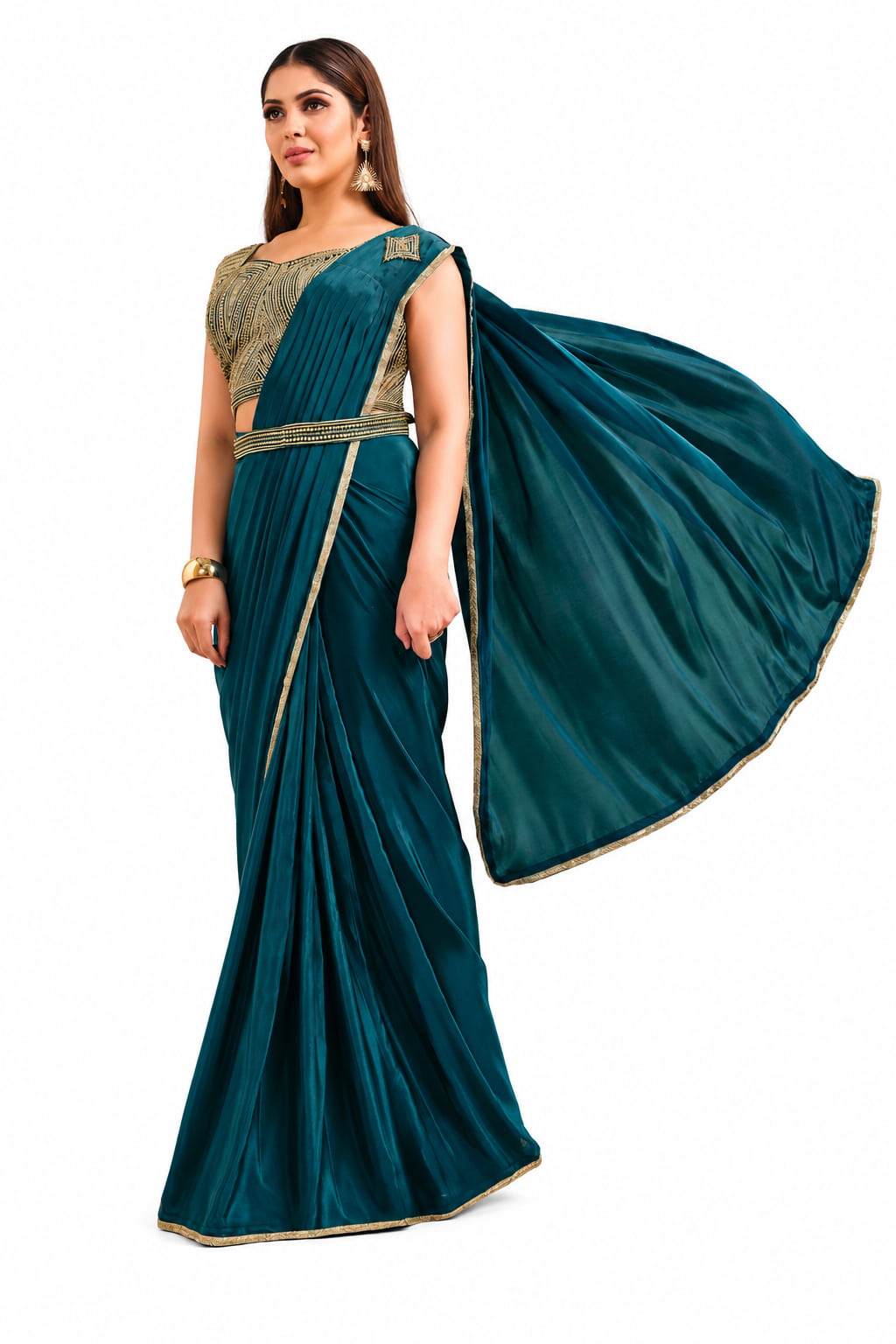 Teal Blue Crepe Silk Georgette Jari and Sequence Work Pre-Draped Saree