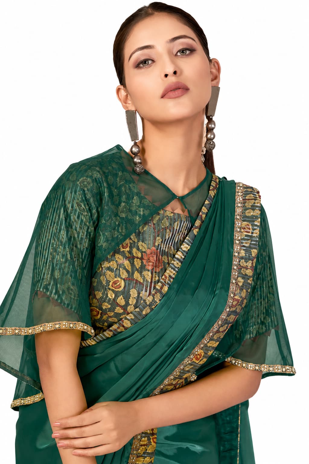 Dark Green Crepe Silk Satin Digital Print Pre-Draped Saree Blouse Detail