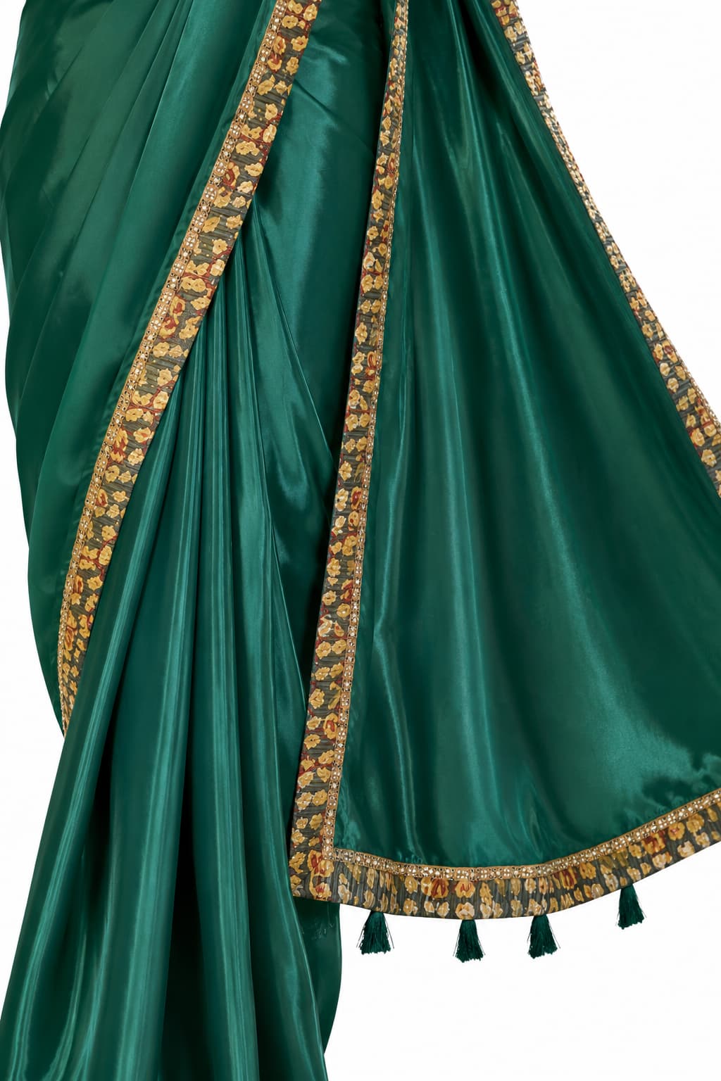 Dark Green Crepe Silk Satin Digital Print Pre-Draped Saree Drape and Border Detail