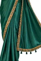 Dark Green Crepe Silk Satin Digital Print Pre-Draped Saree Drape and Border Detail