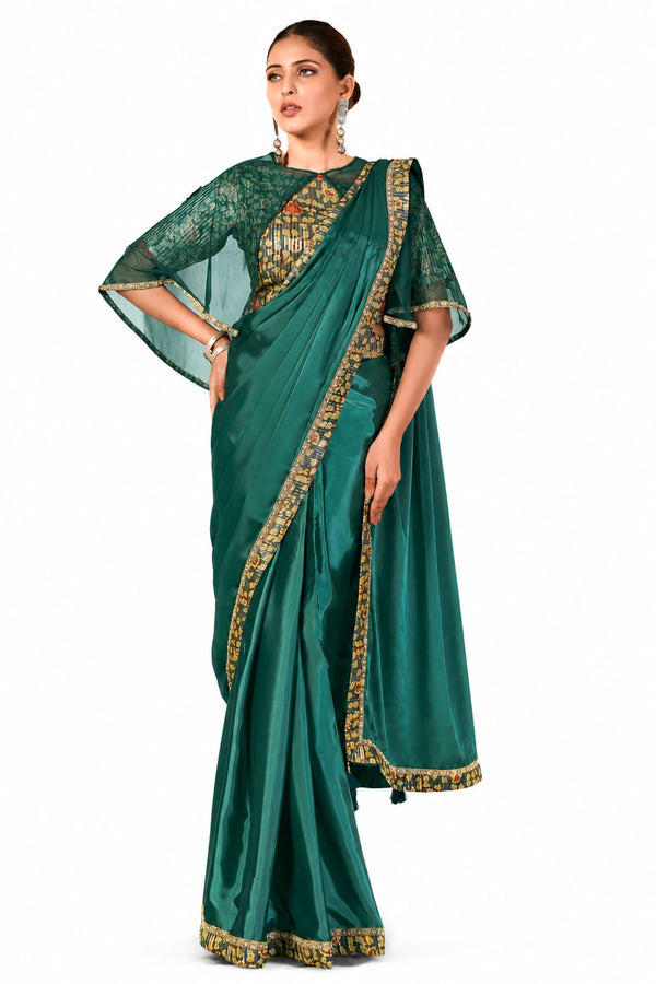 Dark Green Crepe Silk Satin Digital Print Pre-Draped Saree