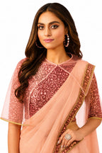 Peach Silk Tissue Digital Print and Applique Work Pre-Draped Saree Blouse Detail