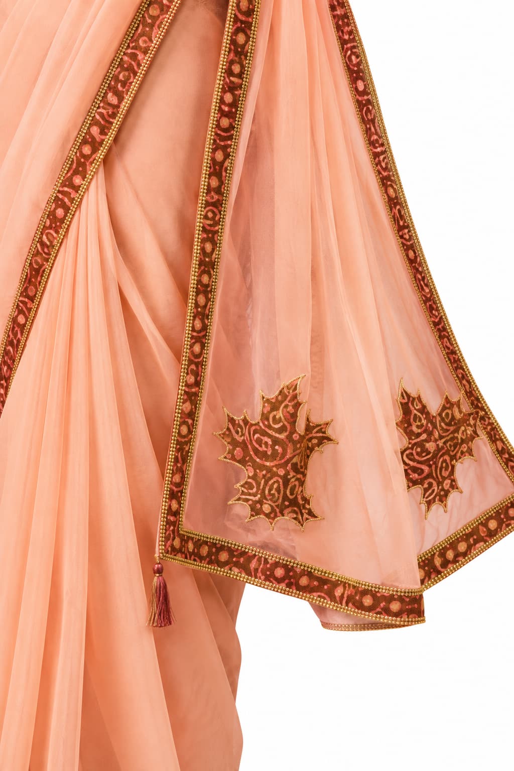 Peach Silk Tissue Digital Print and Applique Work Pre-Draped Saree Drape and Border Detail
