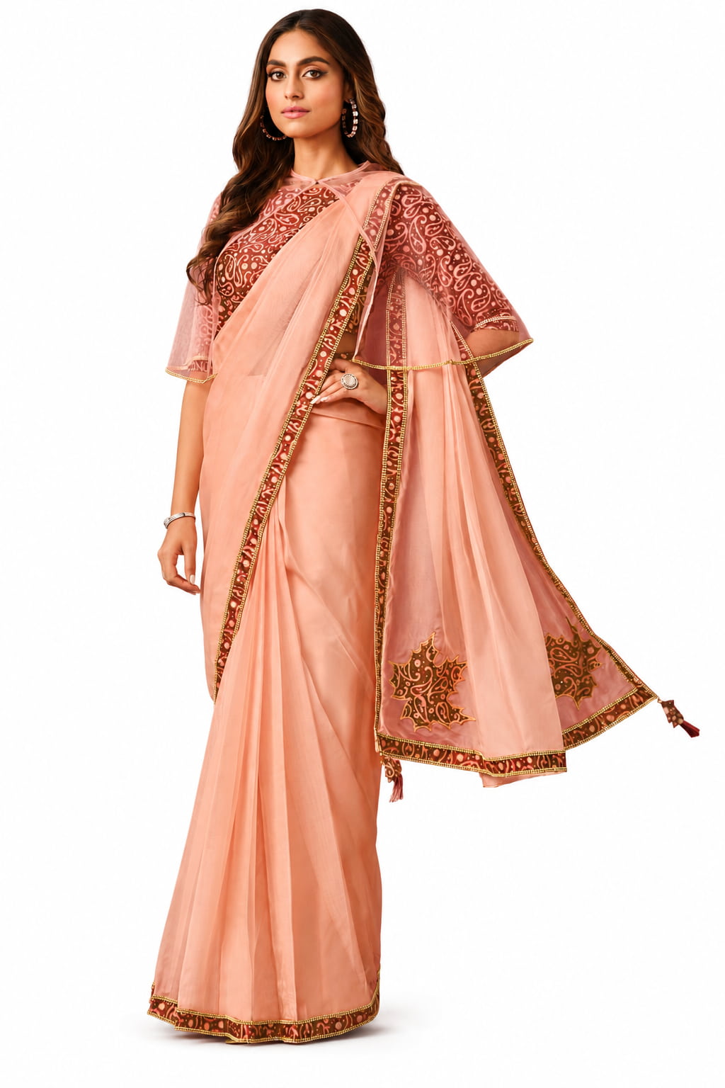 Peach Silk Tissue Digital Print and Applique Work Pre-Draped Saree