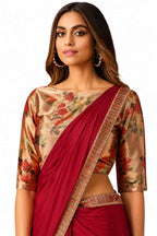 Maroon Satin Silk Digital Print and Applique Work Pre-Draped Saree Blouse Detail