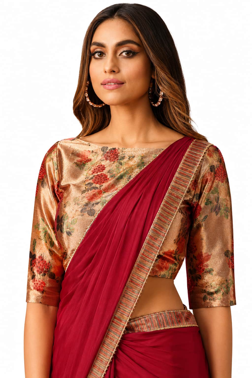 Maroon Satin Silk Digital Print and Applique Work Pre-Draped Saree Blouse Detail