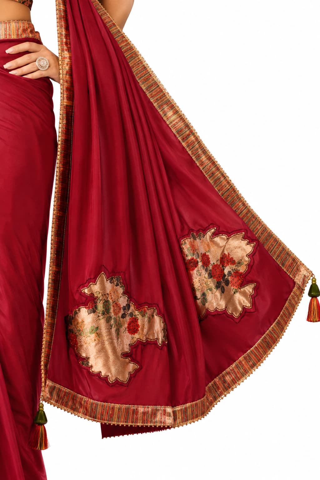 Maroon Satin Silk Digital Print and Applique Work Pre-Draped Saree Drape and Border Detail
