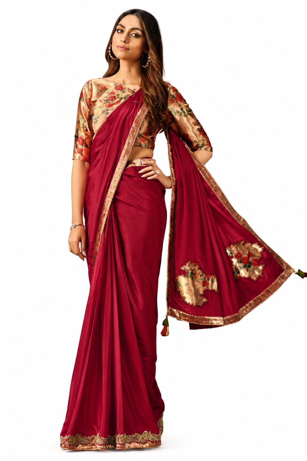 Maroon Satin Silk Digital Print and Applique Work Pre-Draped Saree