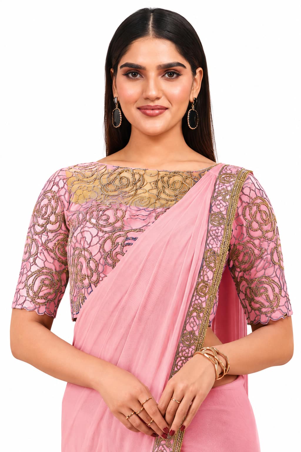 Pink Lycra Net Cord Embroidery Work Pre-Draped Saree Blouse Detail