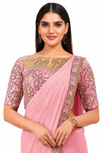 Pink Lycra Net Cord Embroidery Work Pre-Draped Saree Blouse Detail