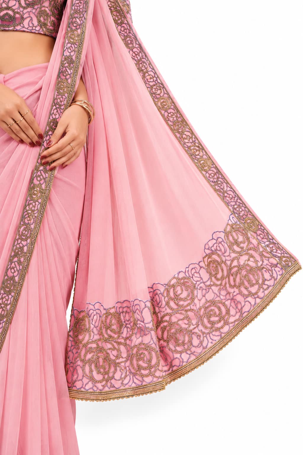 Pink Lycra Net Cord Embroidery Work Pre-Draped Saree Drape and Border Detail