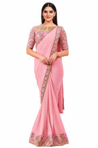 Pink Lycra Net Cord Embroidery Work Pre-Draped Saree