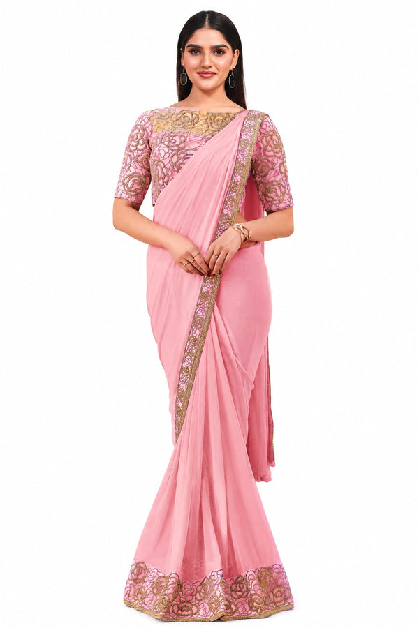 Pink Lycra Net Cord Embroidery Work Pre-Draped Saree