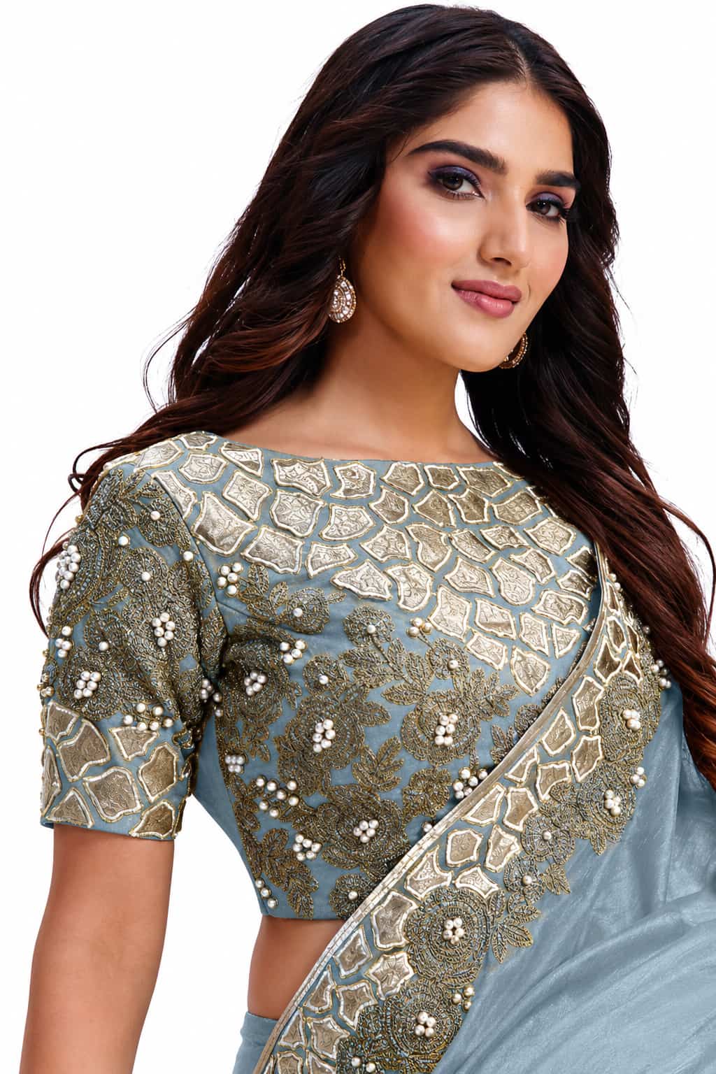 Slate Grey Crepe Satin Silk Saree - View 2