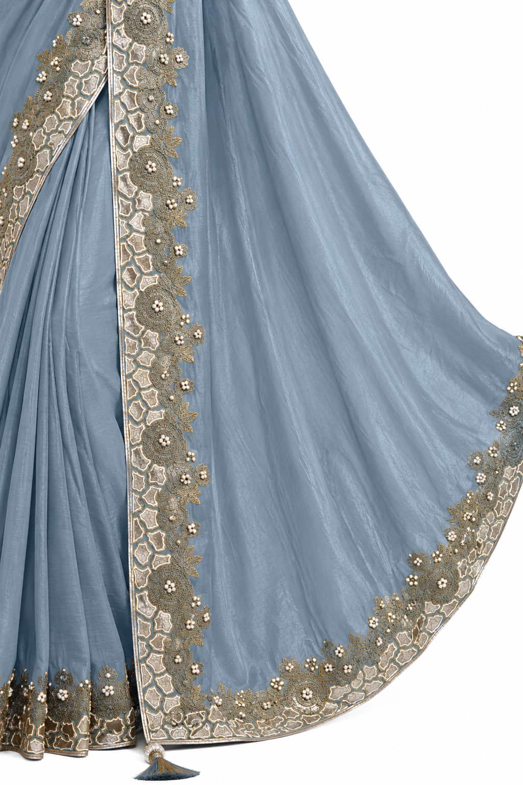 Slate Grey Crepe Satin Silk Saree - View 3