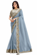 Slate Grey Crepe Satin Silk Saree