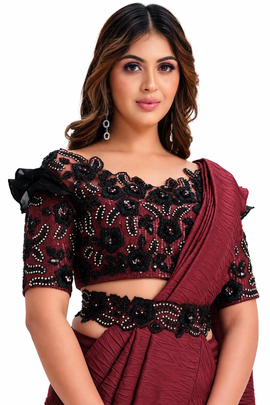 Maroon Crepe Satin Silk Saree - View 2