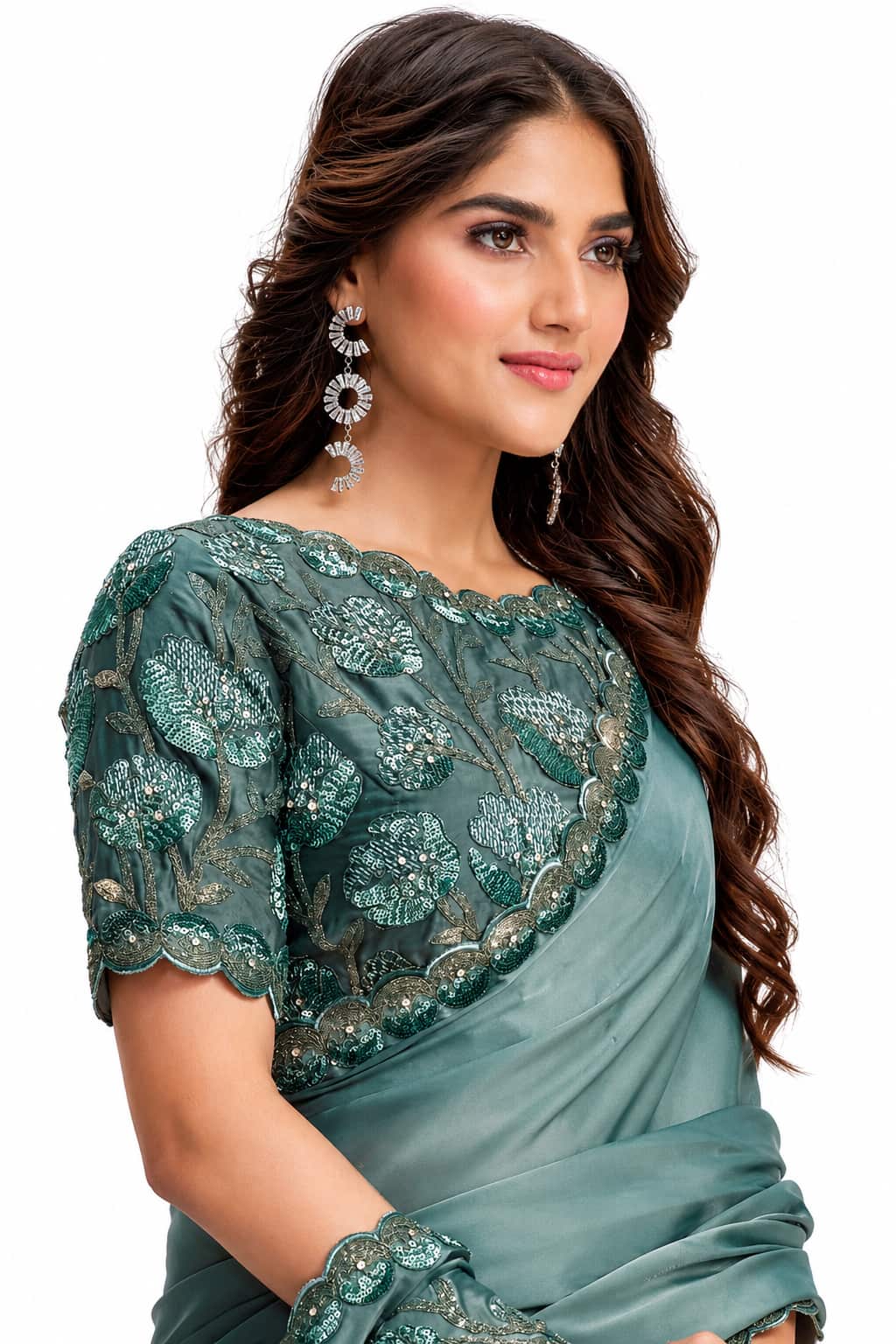 Teal Green Crepe Satin Silk Saree - View 2