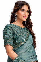 Teal Green Crepe Satin Silk Saree - View 2