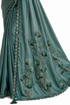 Teal Green Crepe Satin Silk Saree - View 3