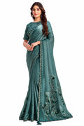 Teal Green Crepe Satin Silk Saree