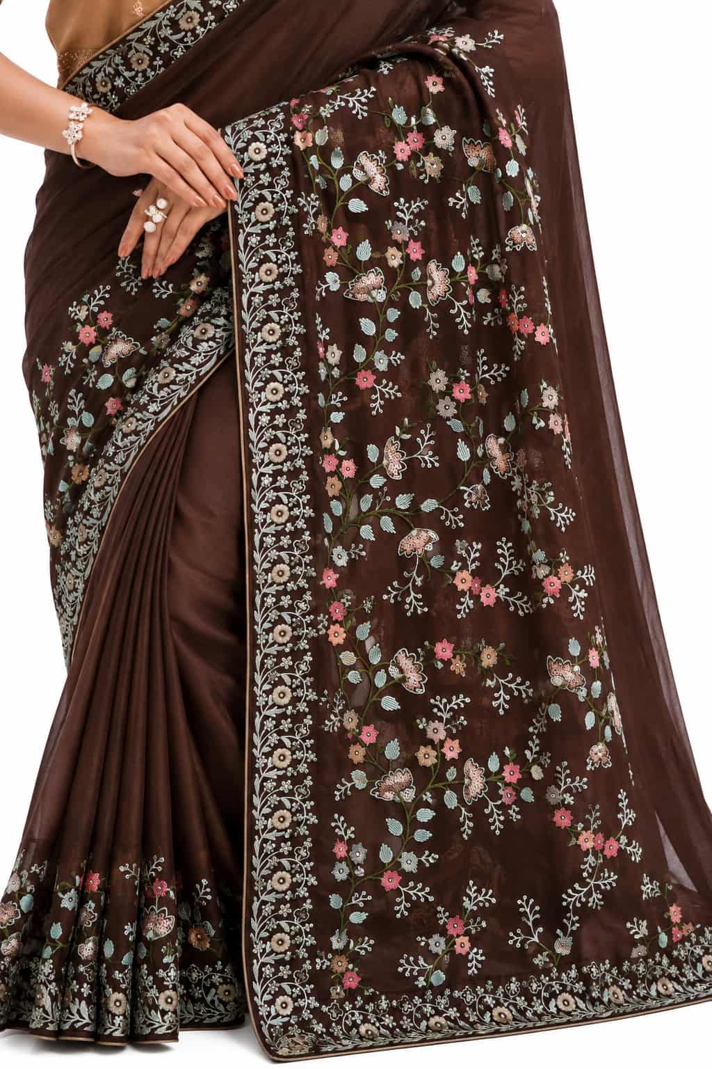 Coffee Brown Two Tone Georgette Silk Saree - View 3