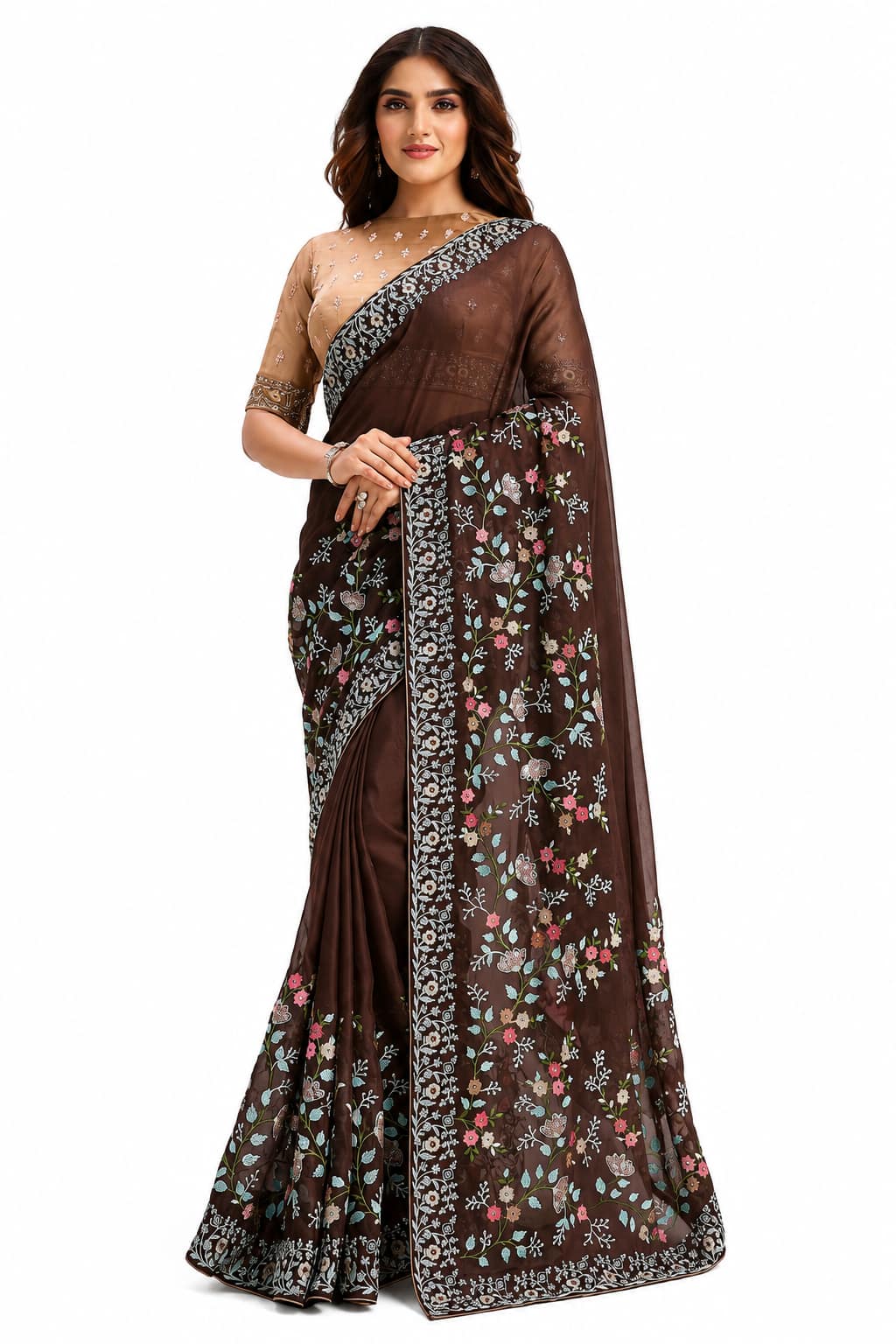 Coffee Brown Two Tone Georgette Silk Saree
