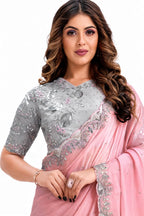 Pink Net Organza Georgette Saree - View 2