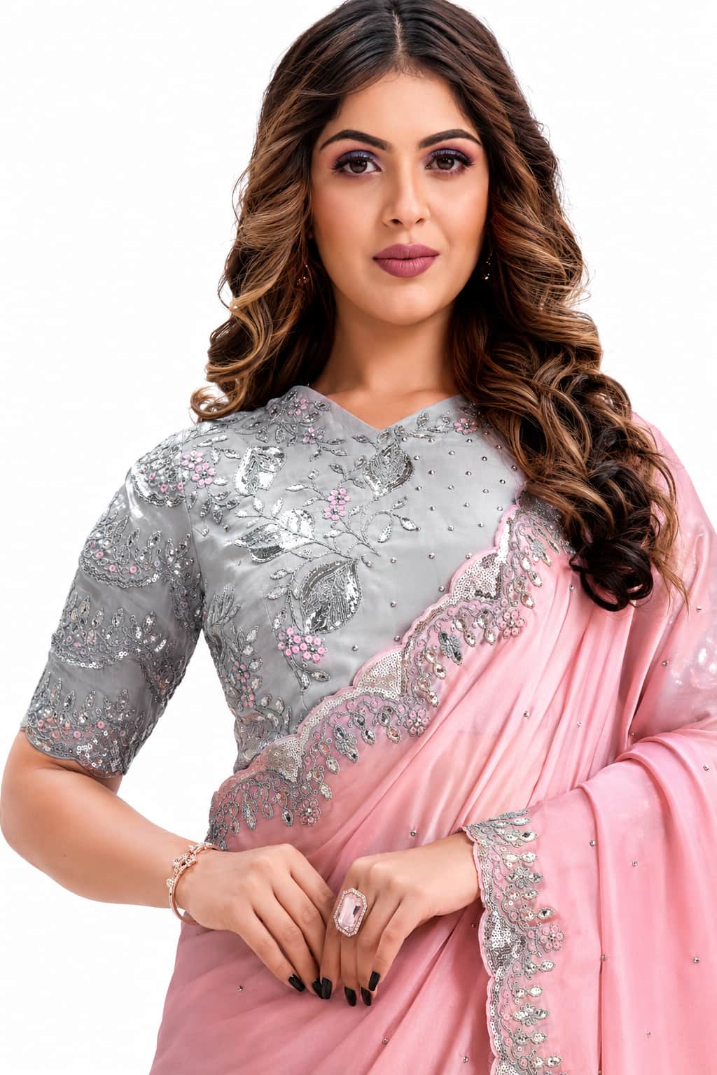 Pink Net Organza Georgette Saree - View 2