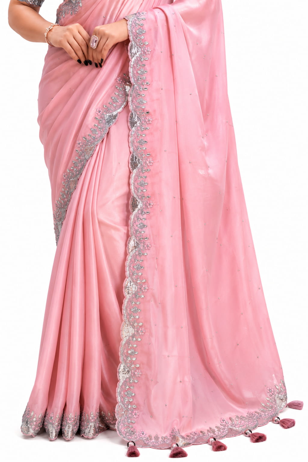 Pink Net Organza Georgette Saree - View 3