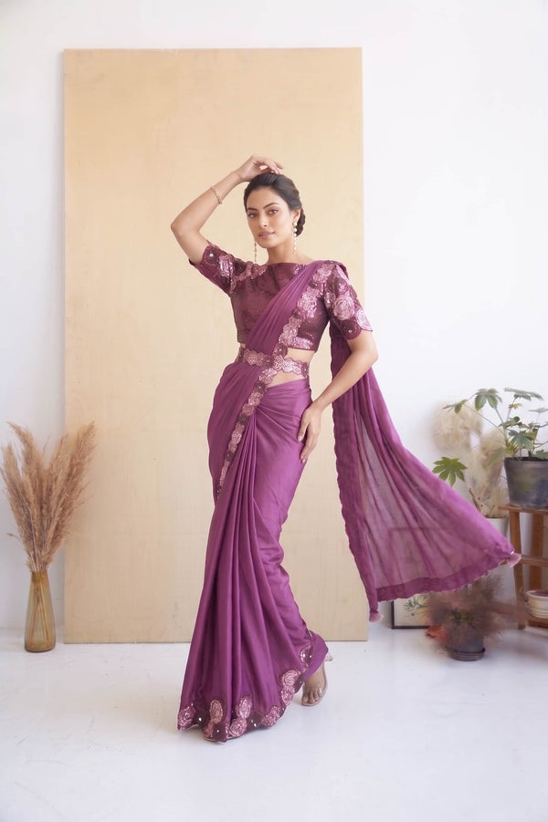 Wine Crepe Satin Silk Ready-to-Wear Work Ready to Wear Drape Saree