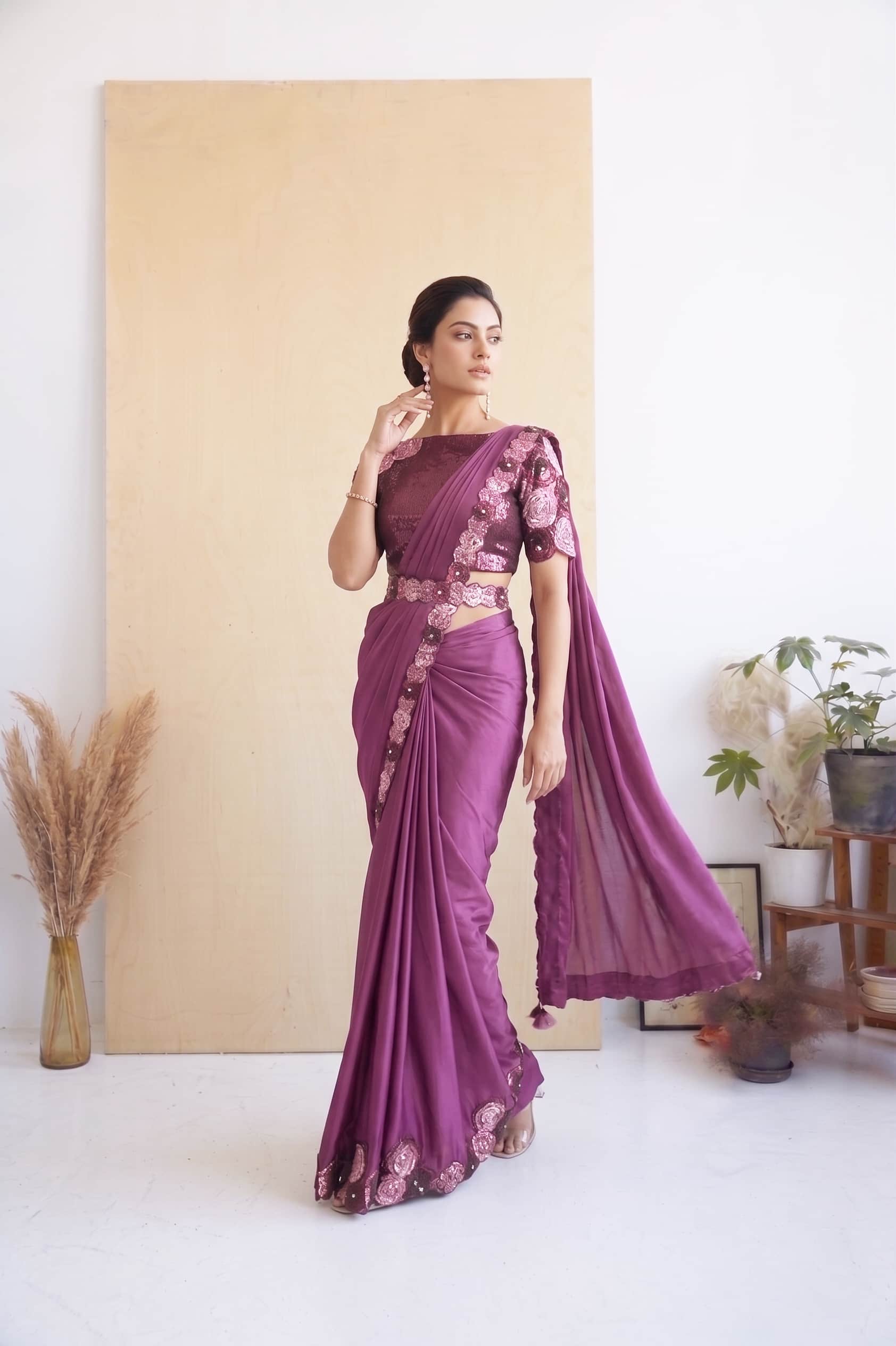 Wine Purple Crepe Satin Silk Drape Saree with Stitched Organza Silk Blouse