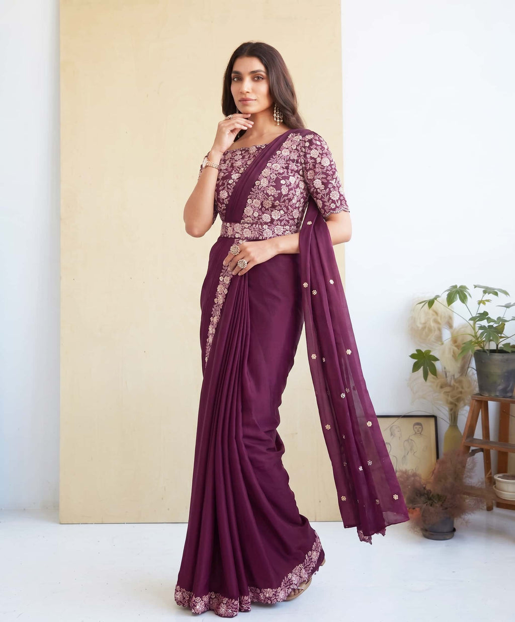 Plum Crepe Satin Silk Drape Saree with Stitched Satin Silk Blouse