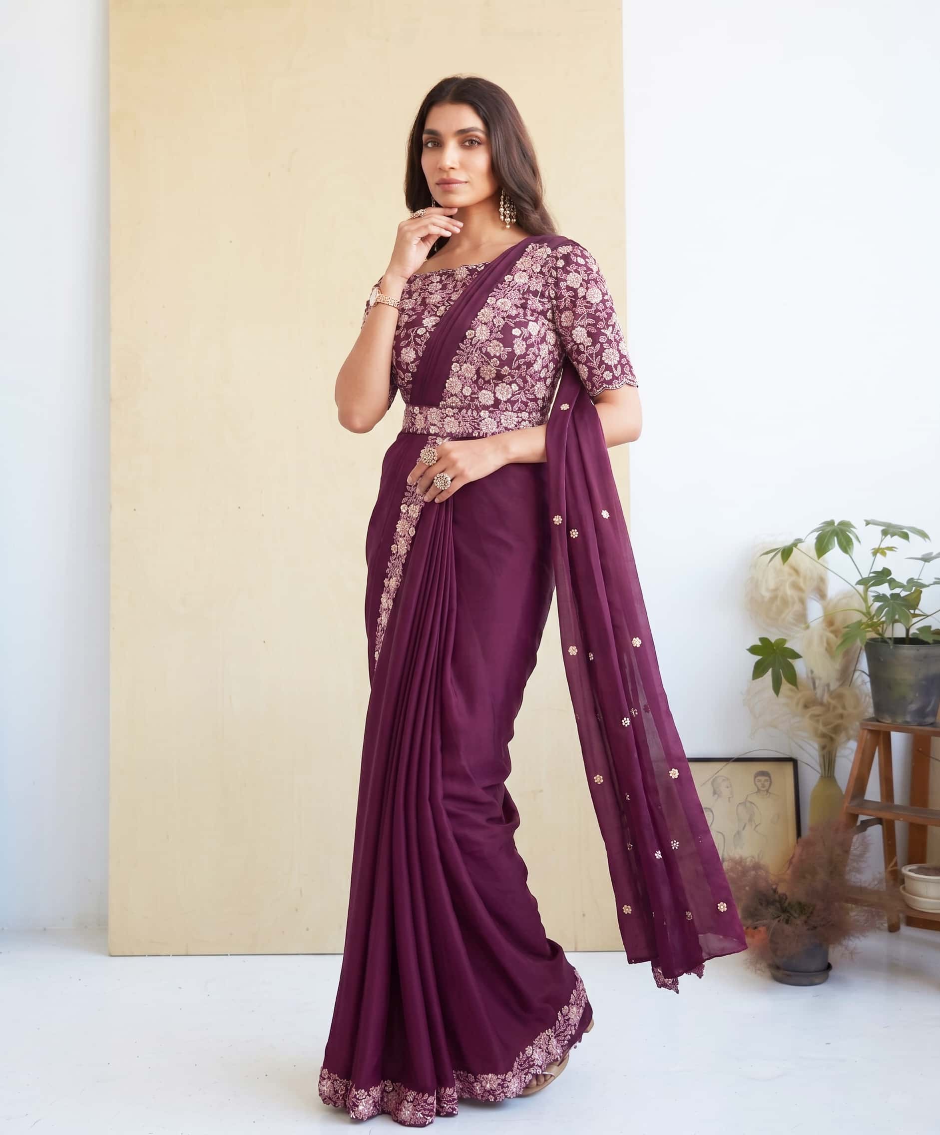 Plum Crepe Satin Silk Drape Saree with Stitched Satin Silk Blouse